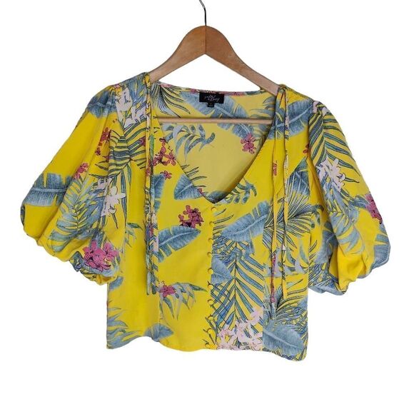 Milk & Honey Bubble Sleeve Tropical Print Crop Top - Picture 1 of 11